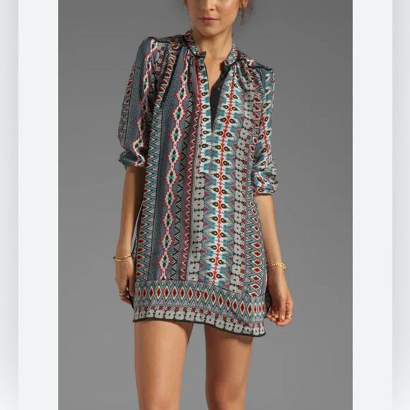 Tolani NATASHE Gray Red 100% Silk Tribal Western Ethnic Flowy Tunic Mini Dress - Picture 1 of 13